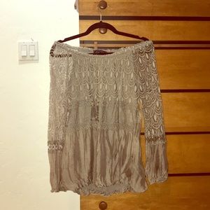 Champagne colored off the shoulder shirt